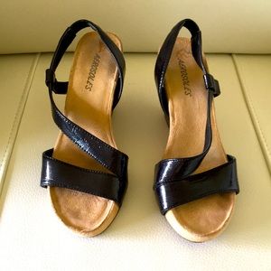 Aerosols Black Patent Strap Wedge Heels Sandals